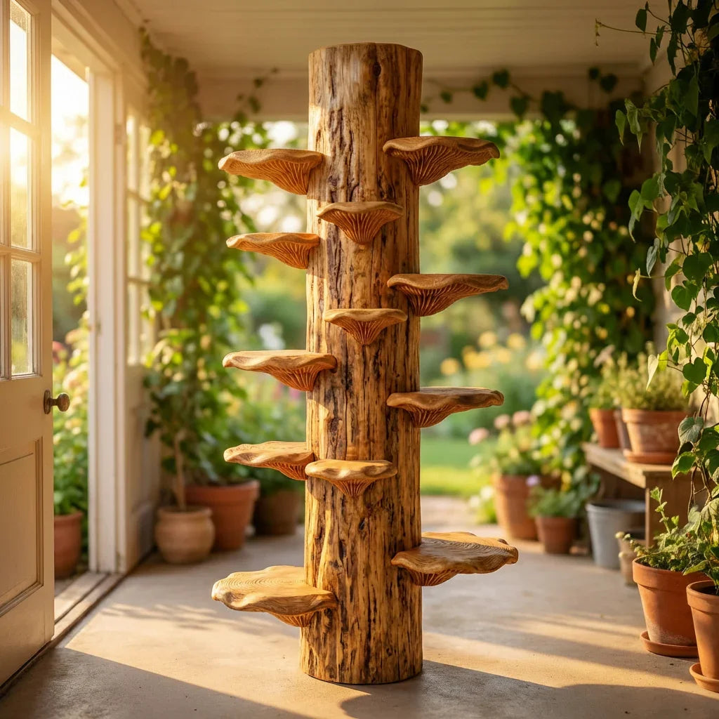 Mushroom Log Tower Bookshelf with Spiral Bracket Shelves, Handcrafted Freestanding Solid Wood Display Column for Living Room, Bedroom, Plant Stand - Ashdeco 2026