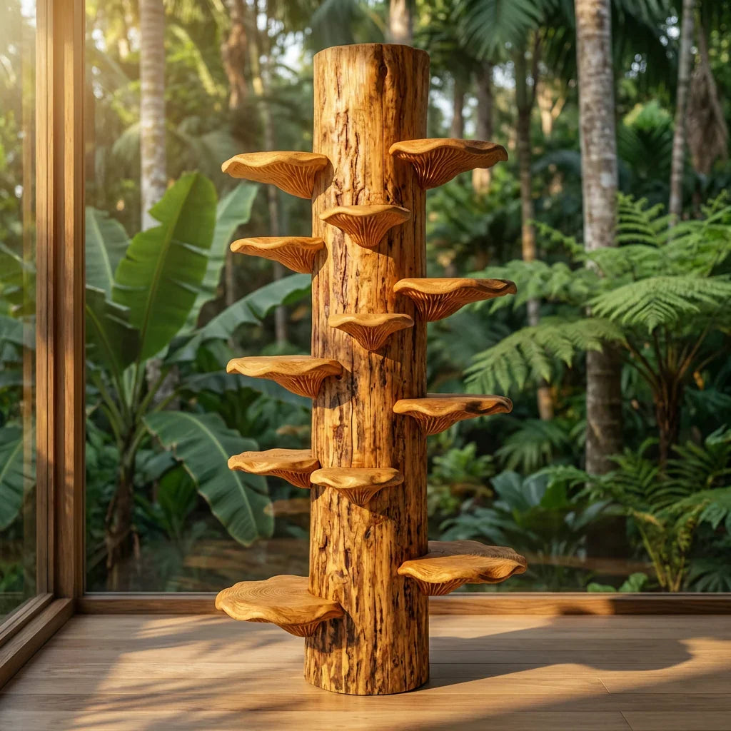 Mushroom Log Tower Bookshelf with Spiral Bracket Shelves, Handcrafted Freestanding Solid Wood Display Column for Living Room, Bedroom, Plant Stand - Ashdeco 2026
