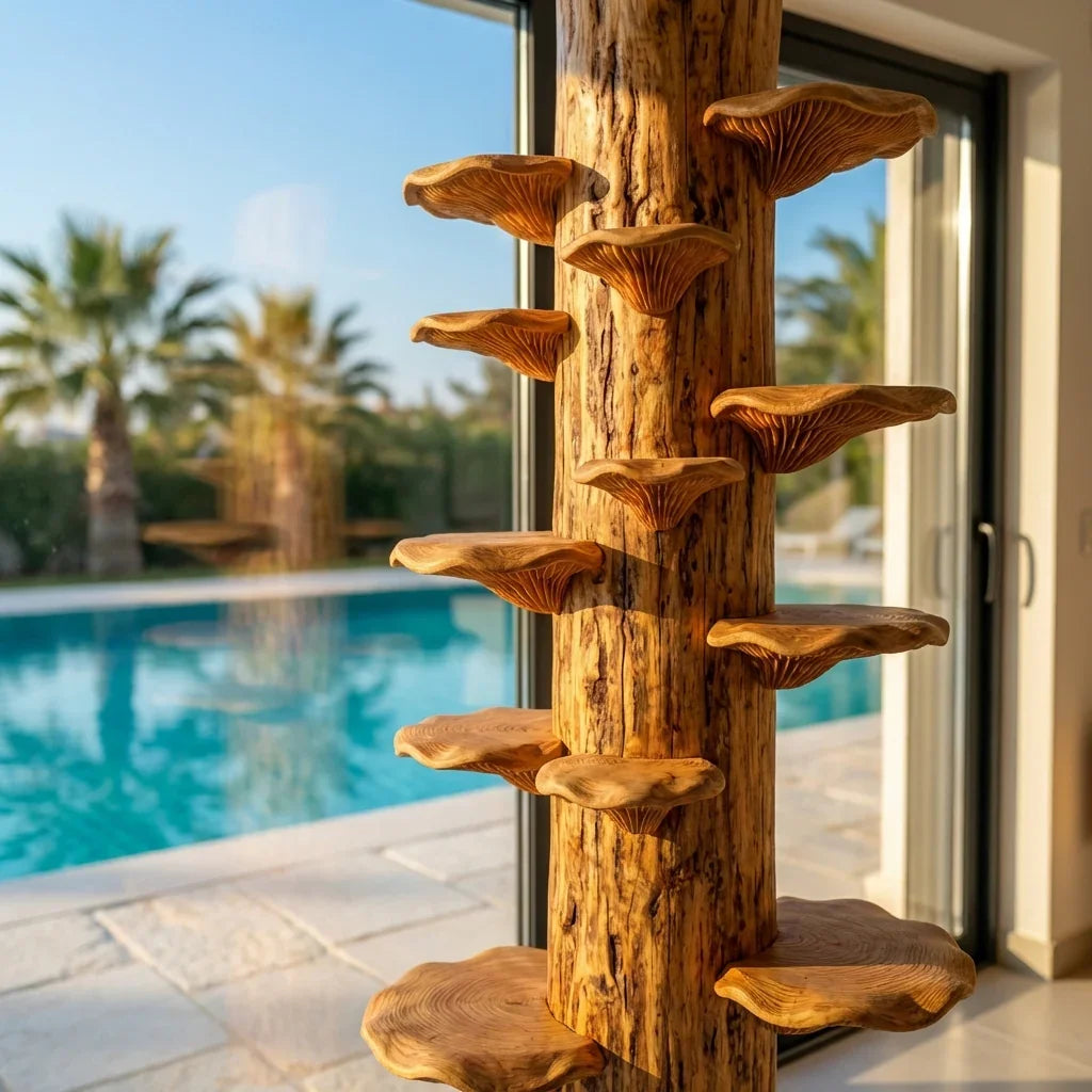 Mushroom Log Tower Bookshelf with Spiral Bracket Shelves, Handcrafted Freestanding Solid Wood Display Column for Living Room, Bedroom, Plant Stand - Ashdeco 2026