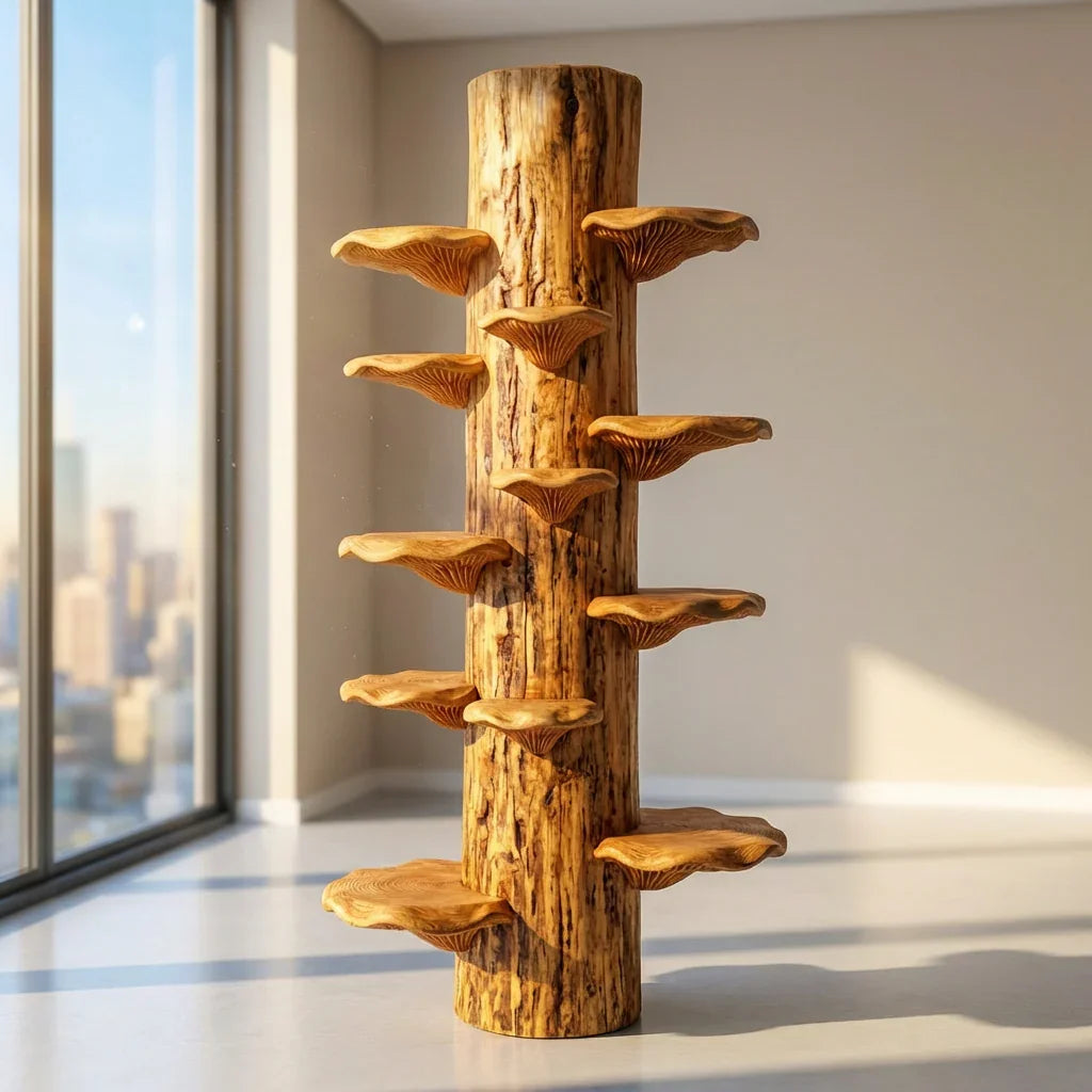 Mushroom Log Tower Bookshelf with Spiral Bracket Shelves, Handcrafted Freestanding Solid Wood Display Column for Living Room, Bedroom, Plant Stand - Ashdeco 2026