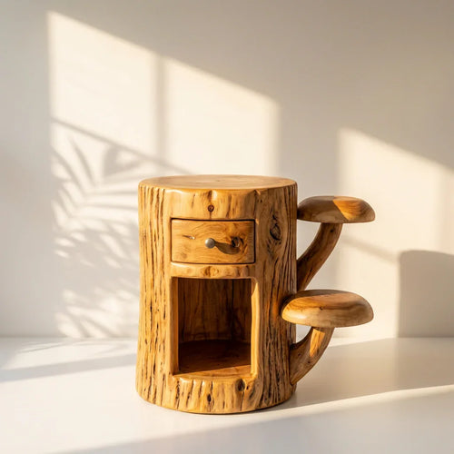 Mushroom Nightstand With Drawer and Open Shelf Solid Wood Bedside Table