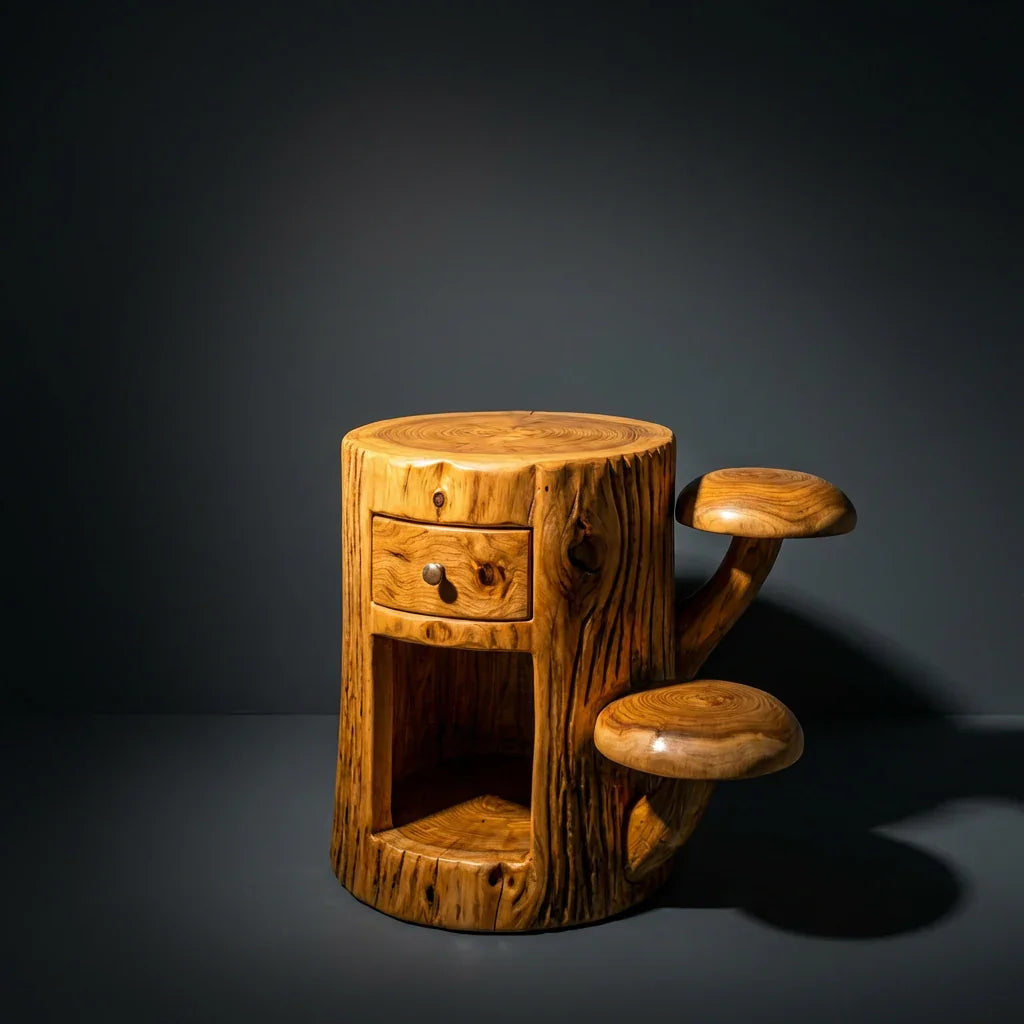 Mushroom Nightstand With Drawer and Open Shelf Solid Wood Bedside Table - Ashdeco 2026