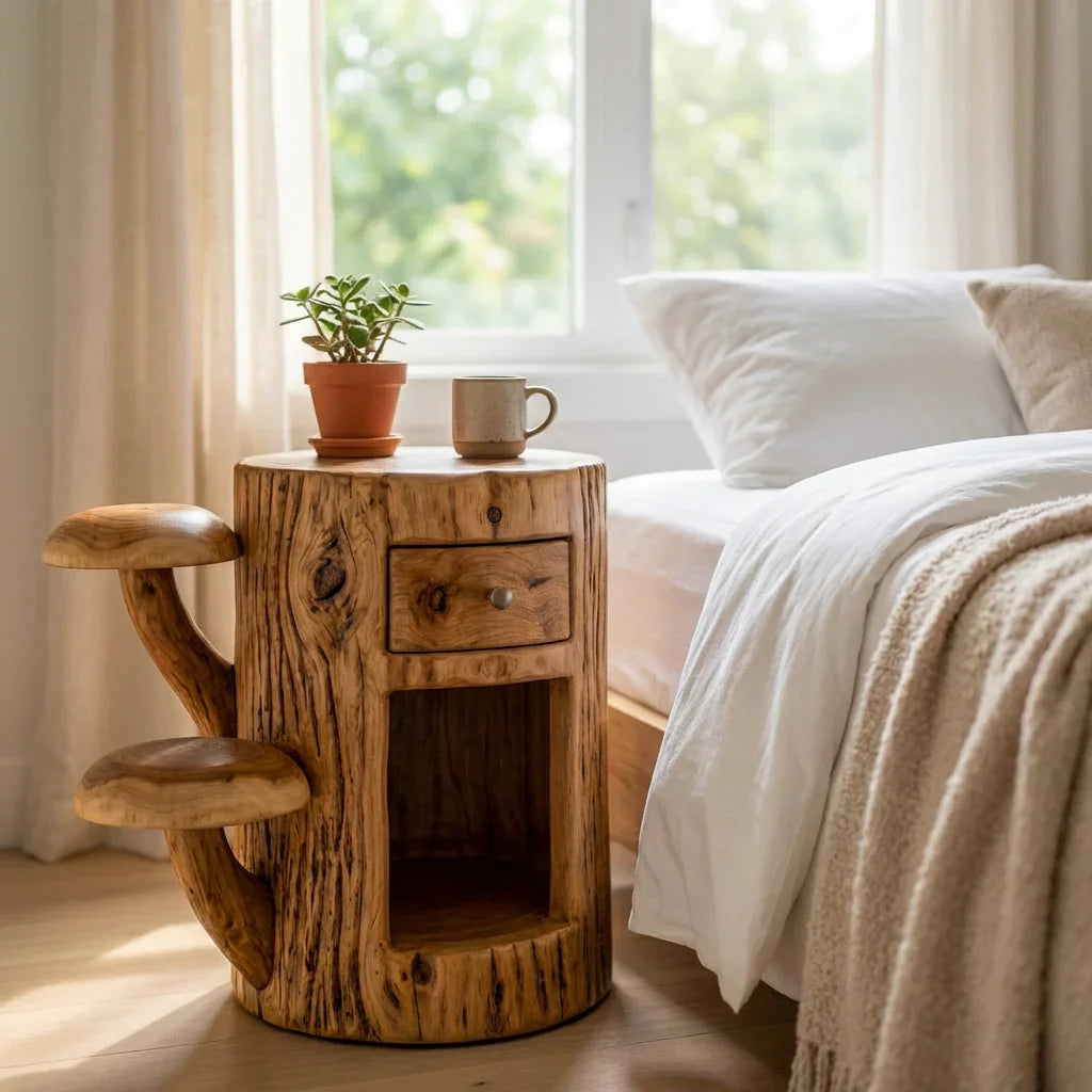 Mushroom Nightstand With Drawer and Open Shelf Solid Wood Bedside Table - Ashdeco 2026