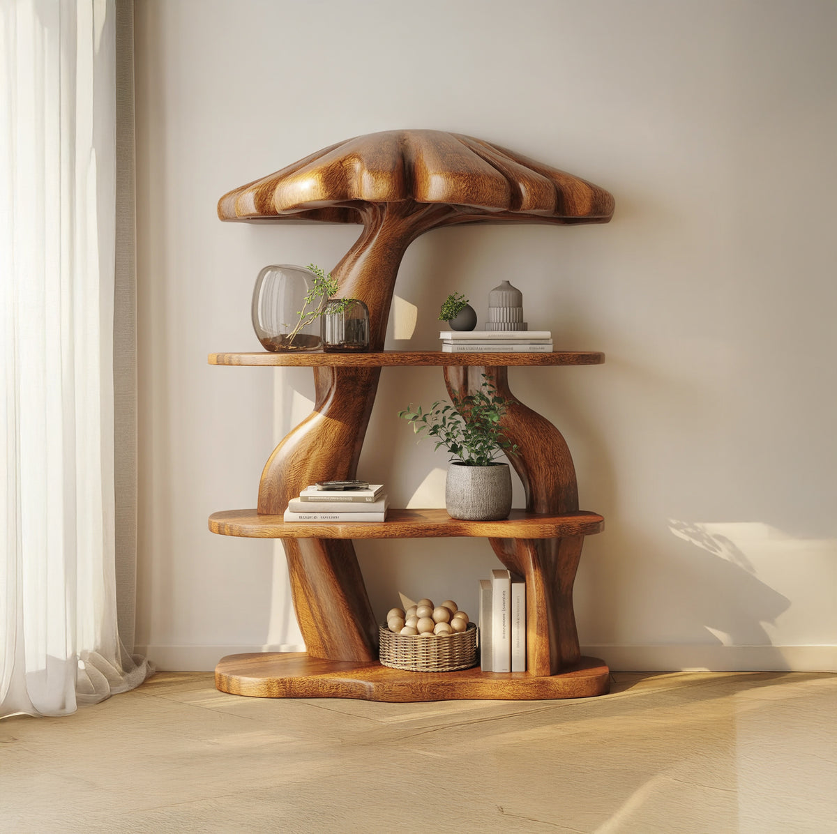 Wood mushroom shelf for books and decorative items