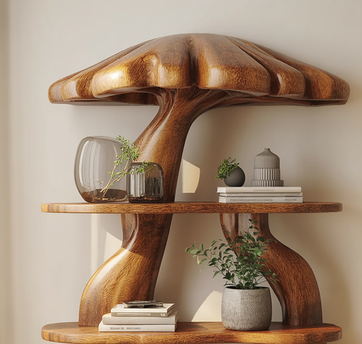 Wooden mushroom bookcase shelf for home storage and display