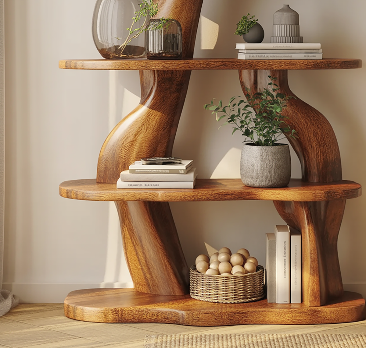 Mushroom wall shelf made from handmade wood for living room decor