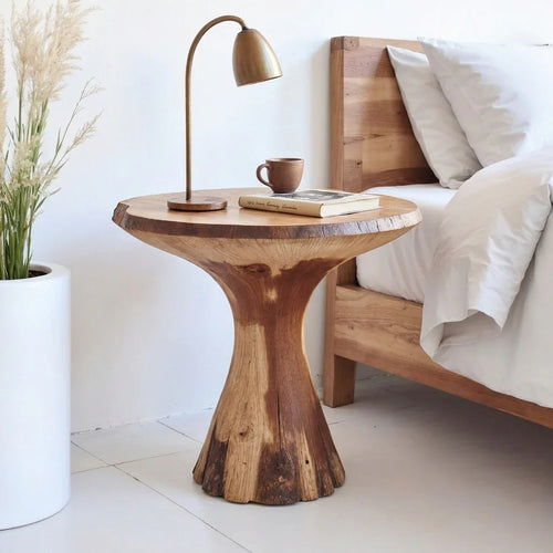 Mushroom Side Table - Solid Wood Hourglass Pedestal End Table