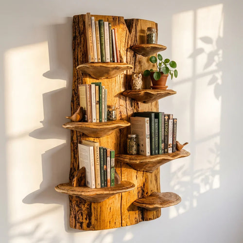Mushroom Slab Wall Bookshelf with Bracket Fungus Shelves, Handcrafted Live Edge Solid Wood Mounted Bookcase for Living Room, Office, Library
