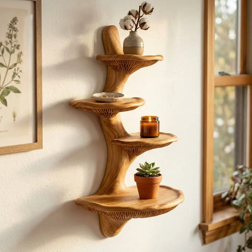 Cascading Mushroom Cap Wall Shelf - Handcrafted Solid Wood Floating Shelf