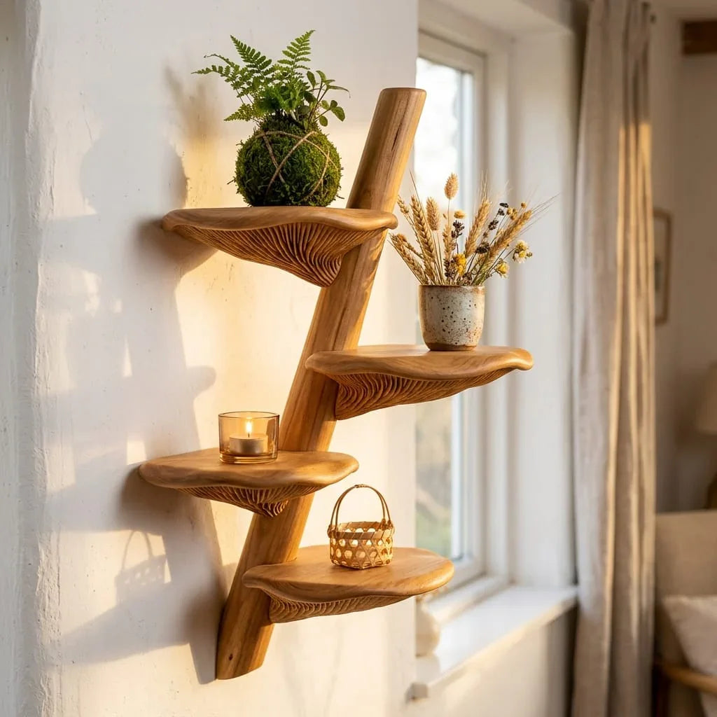 Spiral Mushroom Tree Branch Wall Shelf - Handcrafted Solid Wood Floating Display - Ashdeco 2026