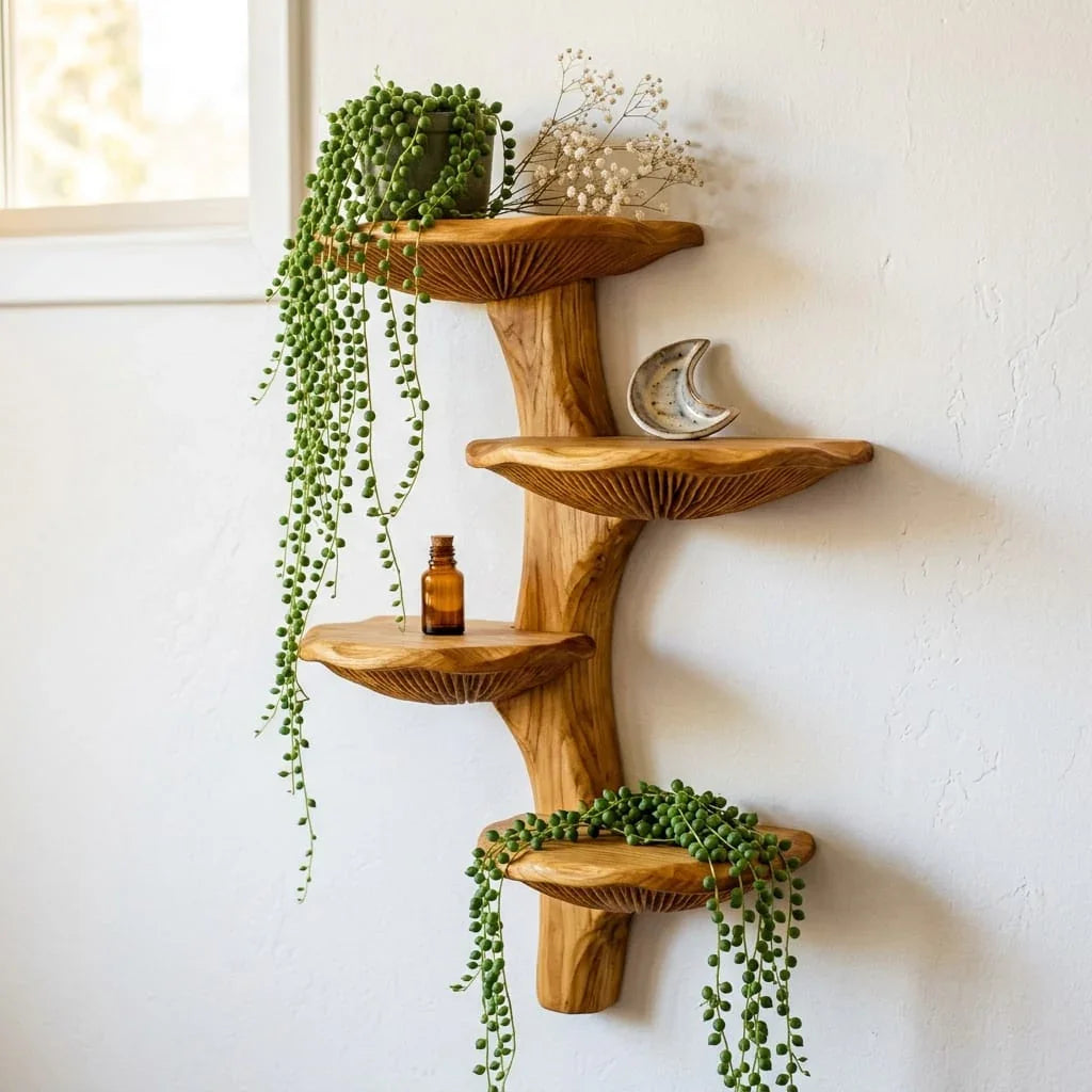 Mushroom Cap Plant Wall Shelf - Handcrafted Solid Wood Floating Shelf with Alternating Mushroom Shelves for Trailing Plants & Decor - Ashdeco 2026