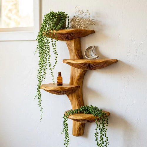 Mushroom Cap Plant Wall Shelf - Handcrafted Solid Wood Floating Shelf with Alternating Mushroom Shelves for Trailing Plants & Decor