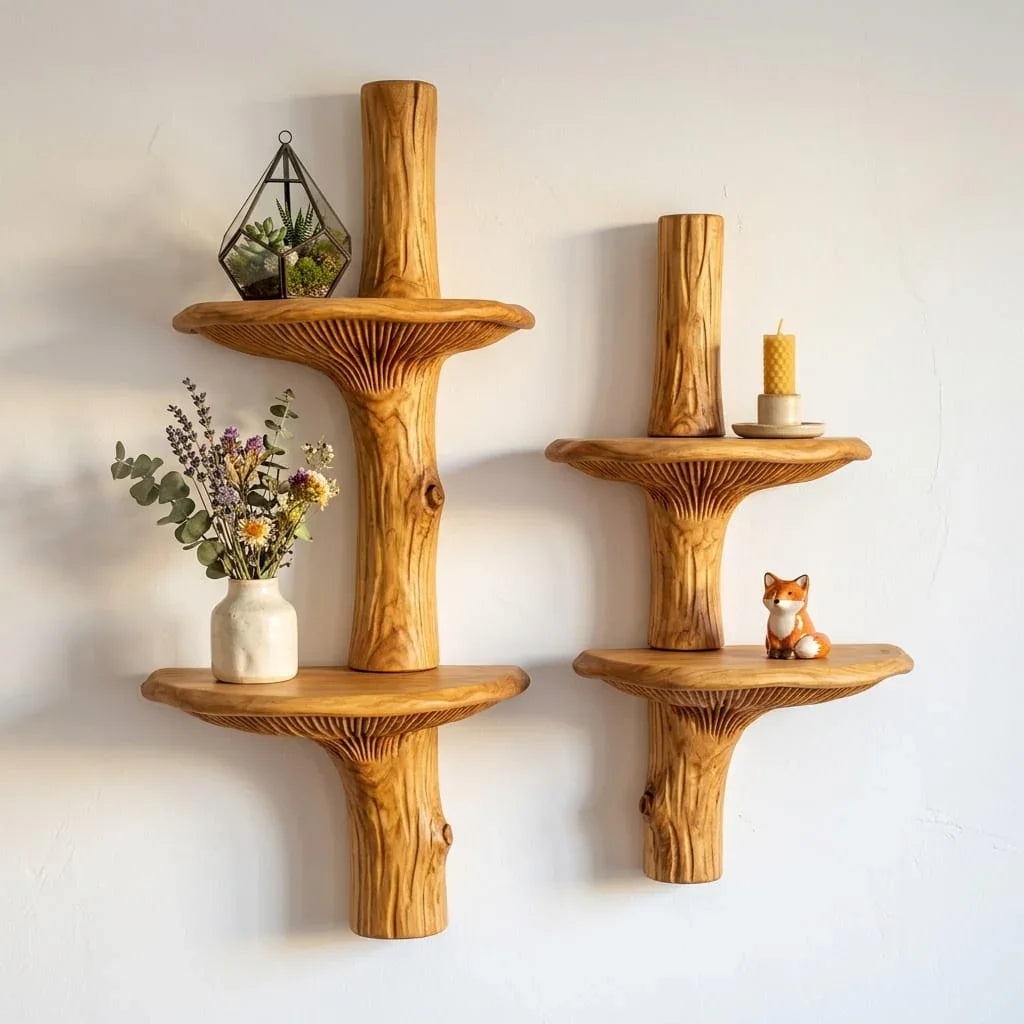 Mushroom Trunk Wall Shelf with Wide Cap Shelves - Handcrafted Solid Wood Floating Shelf with Deep Carved Gill Detail and Natural Bark Trunk - Ashdeco 2026