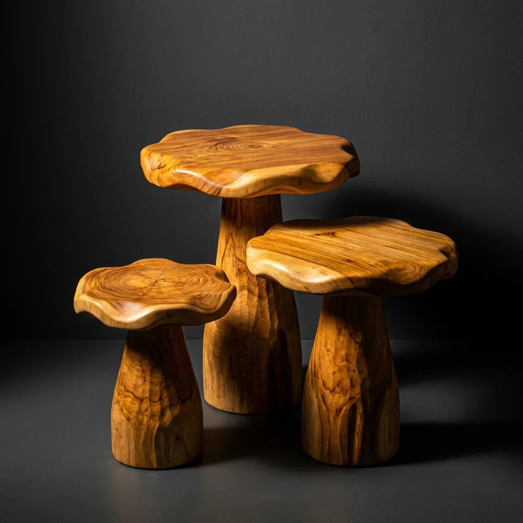 Mushroom Stool Side Table, Handcrafted Solid Wood Sculpted Accent Table with Live Edge Top for Living Room, Bedroom, Nursery, Plant Stand - Ashdeco 2026