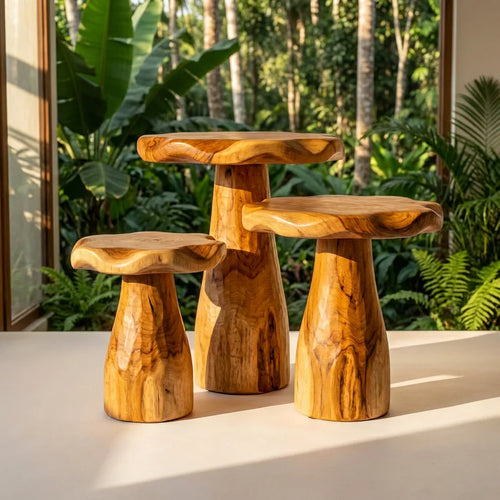 Mushroom Stool Side Table, Handcrafted Solid Wood Sculpted Accent Table with Live Edge Top for Living Room, Bedroom, Nursery, Plant Stand