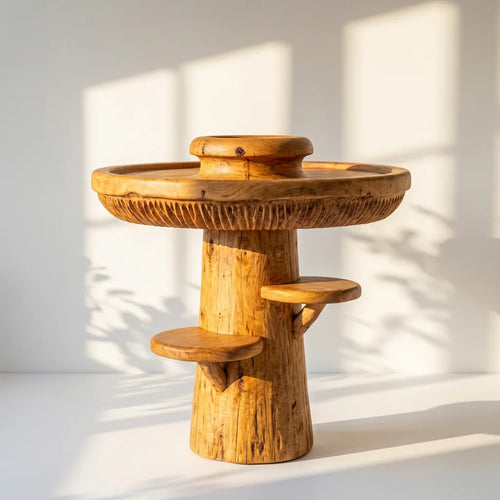 Mushroom Tray Table with Raised Rim, Gill Band and 2 Side Cap Shelves, Handcrafted Solid Wood Round Accent Table for Living Room, Bedroom, Entryway