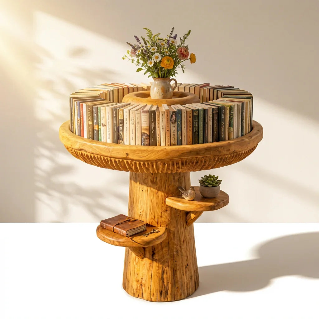 Mushroom Tray Table with Raised Rim, Gill Band and 2 Side Cap Shelves, Handcrafted Solid Wood Round Accent Table for Living Room, Bedroom, Entryway - Ashdeco 2026