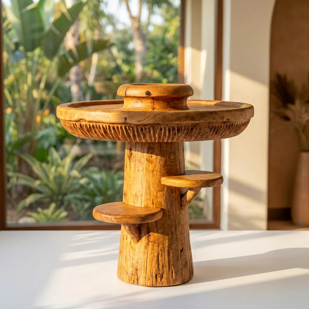Mushroom Tray Table with Raised Rim, Gill Band and 2 Side Cap Shelves, Handcrafted Solid Wood Round Accent Table for Living Room, Bedroom, Entryway - Ashdeco 2026