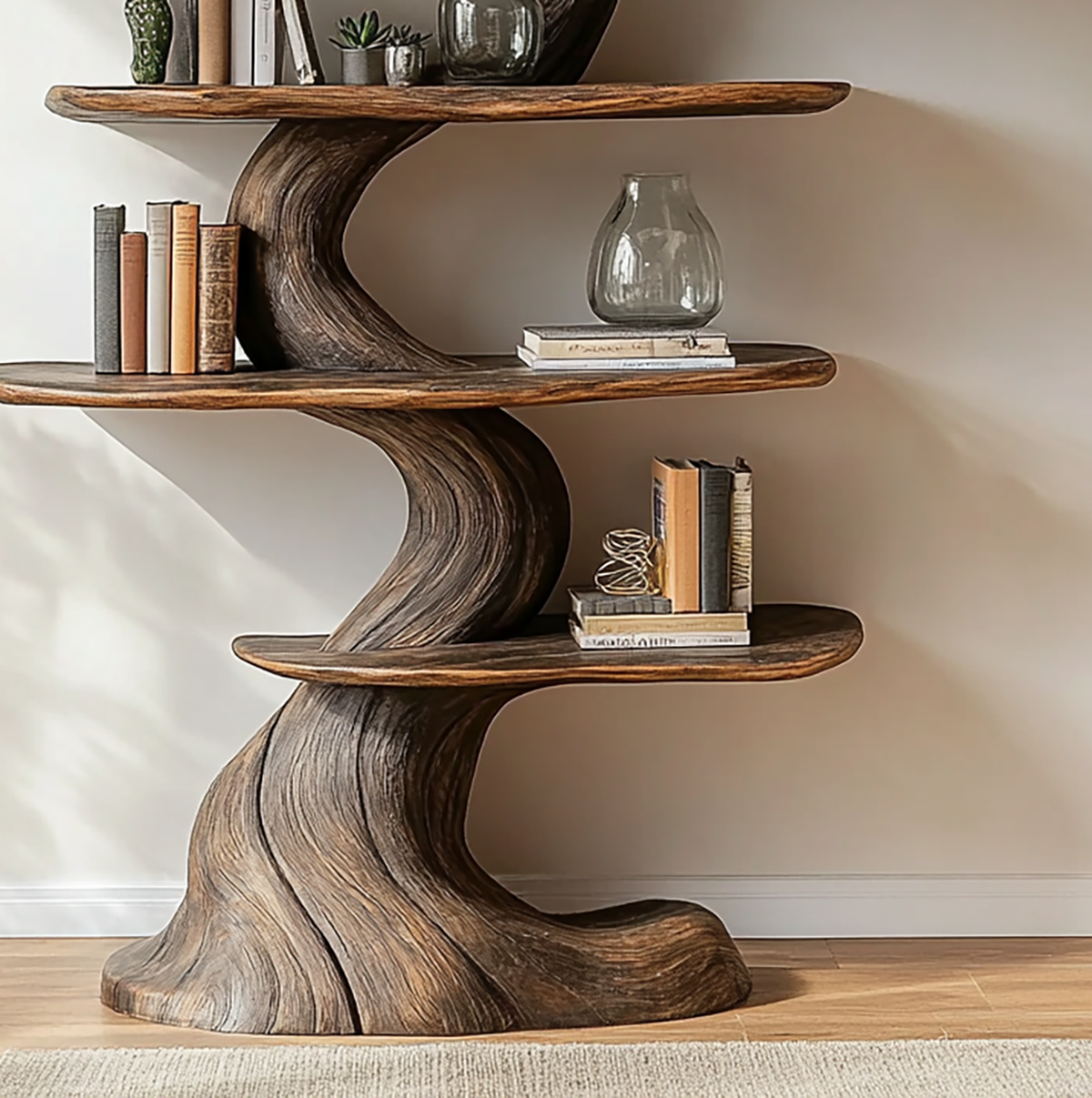 Large wooden mushroom bookshelf for books and decor display