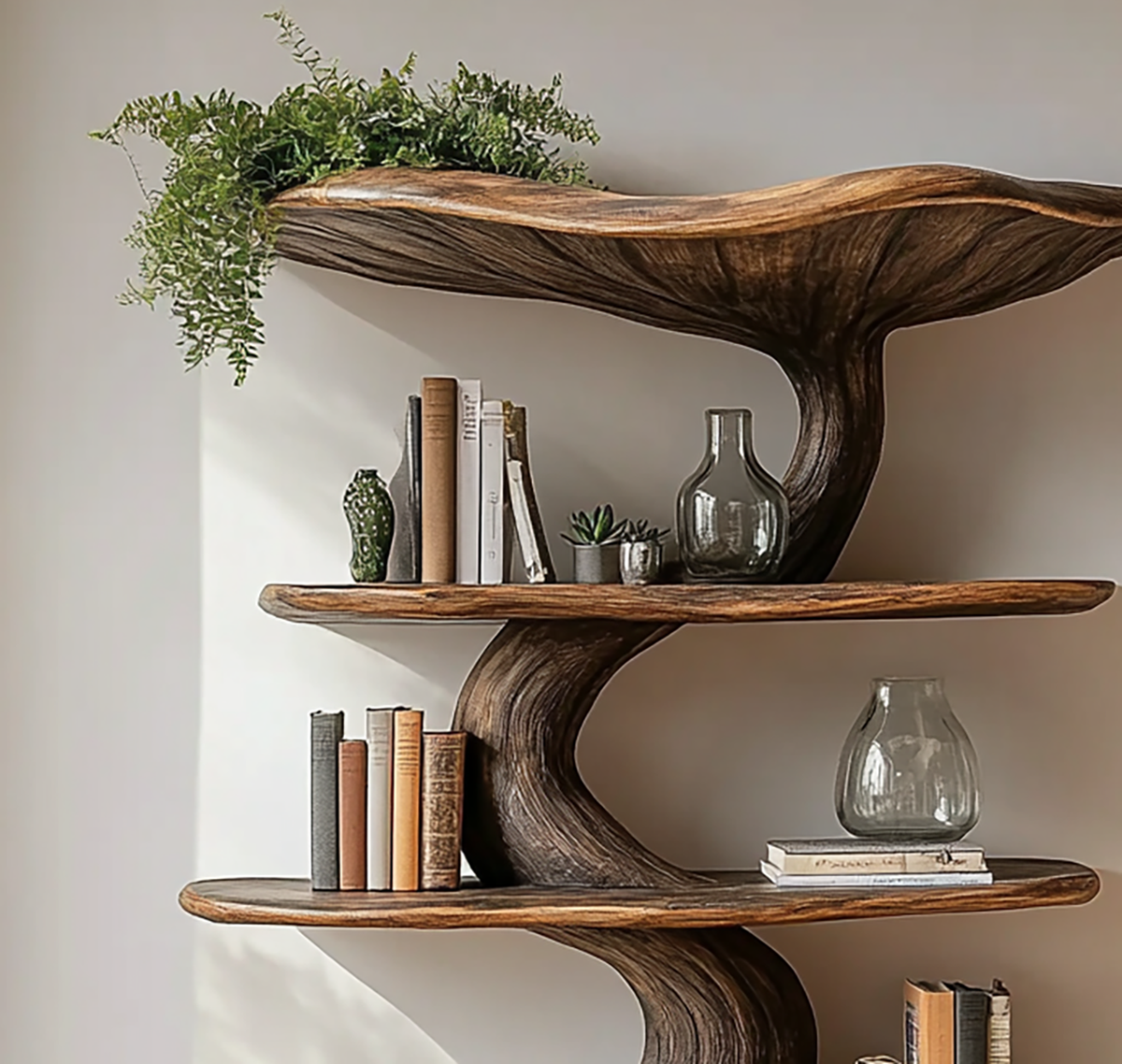 Sculptural wood shelf shaped like a mushroom tree