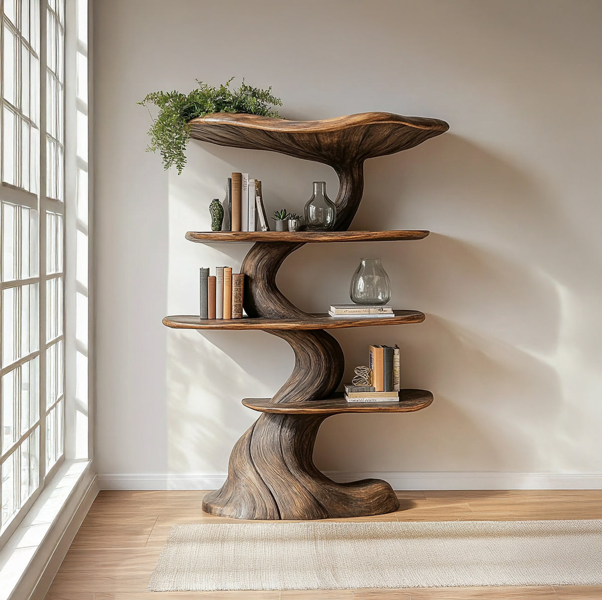 Mushroom tree bookcase with large sculptural wood shelf design