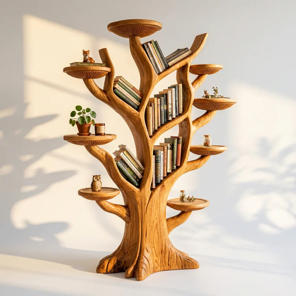 Mushroom Tree Bookshelf Freestanding with Branch Shelves and Mushroom Cap Platforms, Handcrafted Solid Wood Floor Bookcase for Living Room, Office, Library, Nursery - Ashdeco 2026