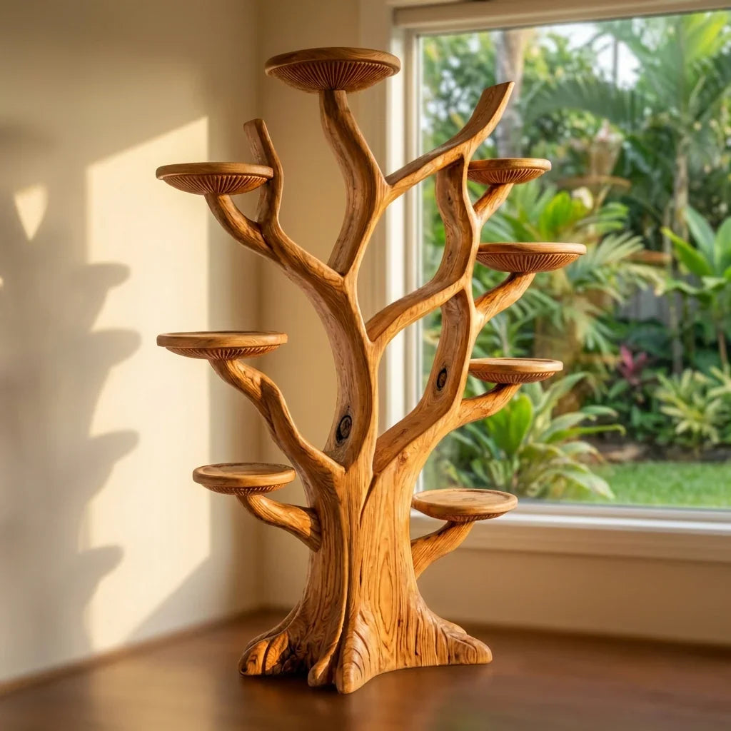 Mushroom Tree Bookshelf Freestanding with Branch Shelves and Mushroom Cap Platforms, Handcrafted Solid Wood Floor Bookcase for Living Room, Office, Library, Nursery - Ashdeco 2026