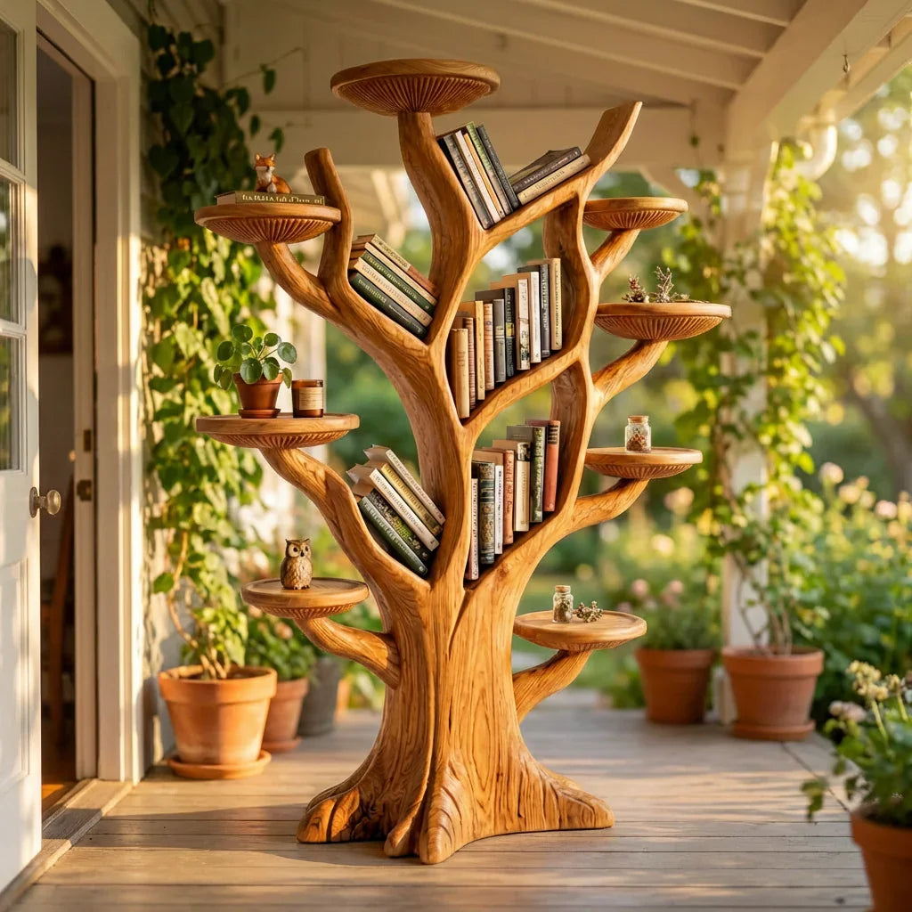 Mushroom Tree Bookshelf Freestanding with Branch Shelves and Mushroom Cap Platforms, Handcrafted Solid Wood Floor Bookcase for Living Room, Office, Library, Nursery - Ashdeco 2026