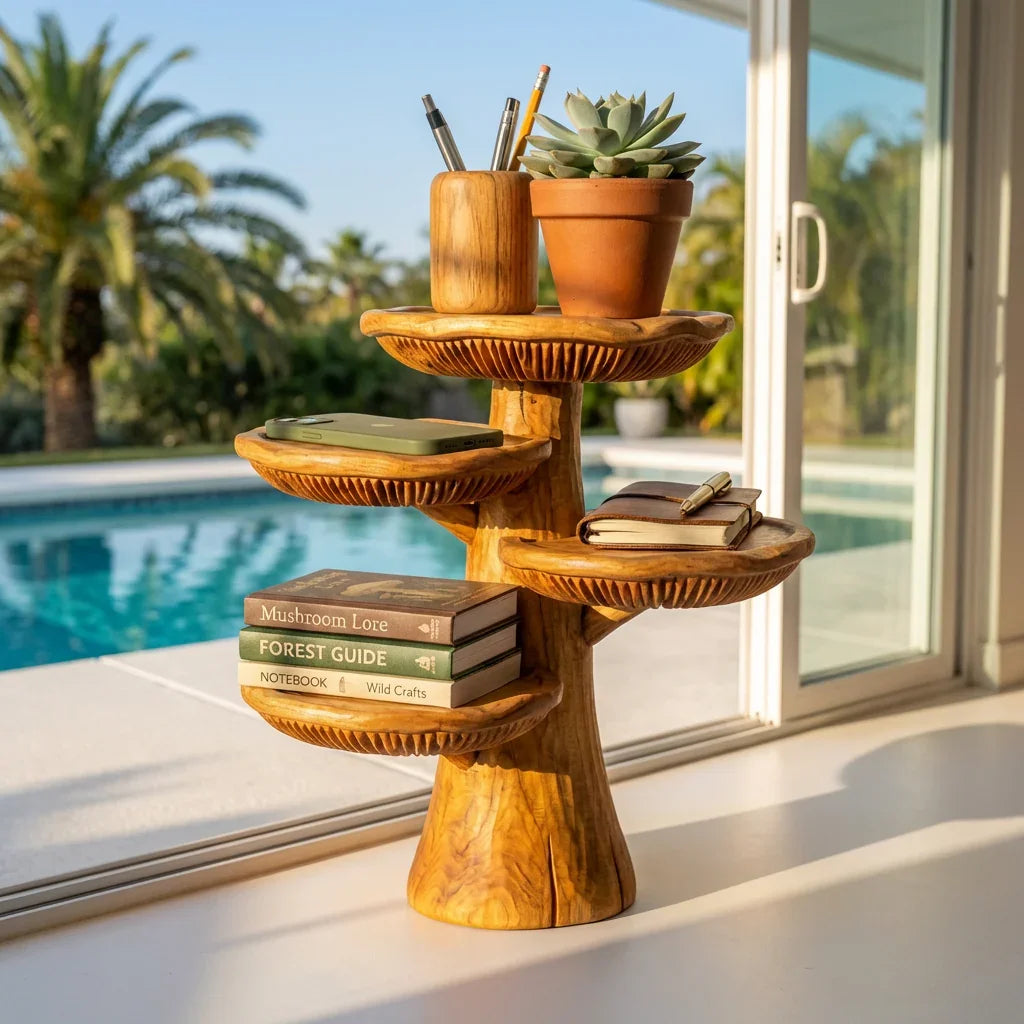 Handcrafted Mushroom Tree Desk Organizer – Solid Wood Tabletop Shelf with Carved Mushroom Tiers - Ashdeco 2026