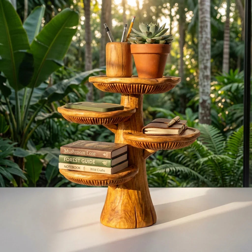 Handcrafted Mushroom Tree Desk Organizer – Solid Wood Tabletop Shelf with Carved Mushroom Tiers - Ashdeco 2026