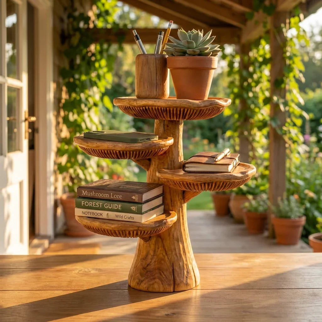 Handcrafted Mushroom Tree Desk Organizer – Solid Wood Tabletop Shelf with Carved Mushroom Tiers - Ashdeco 2026