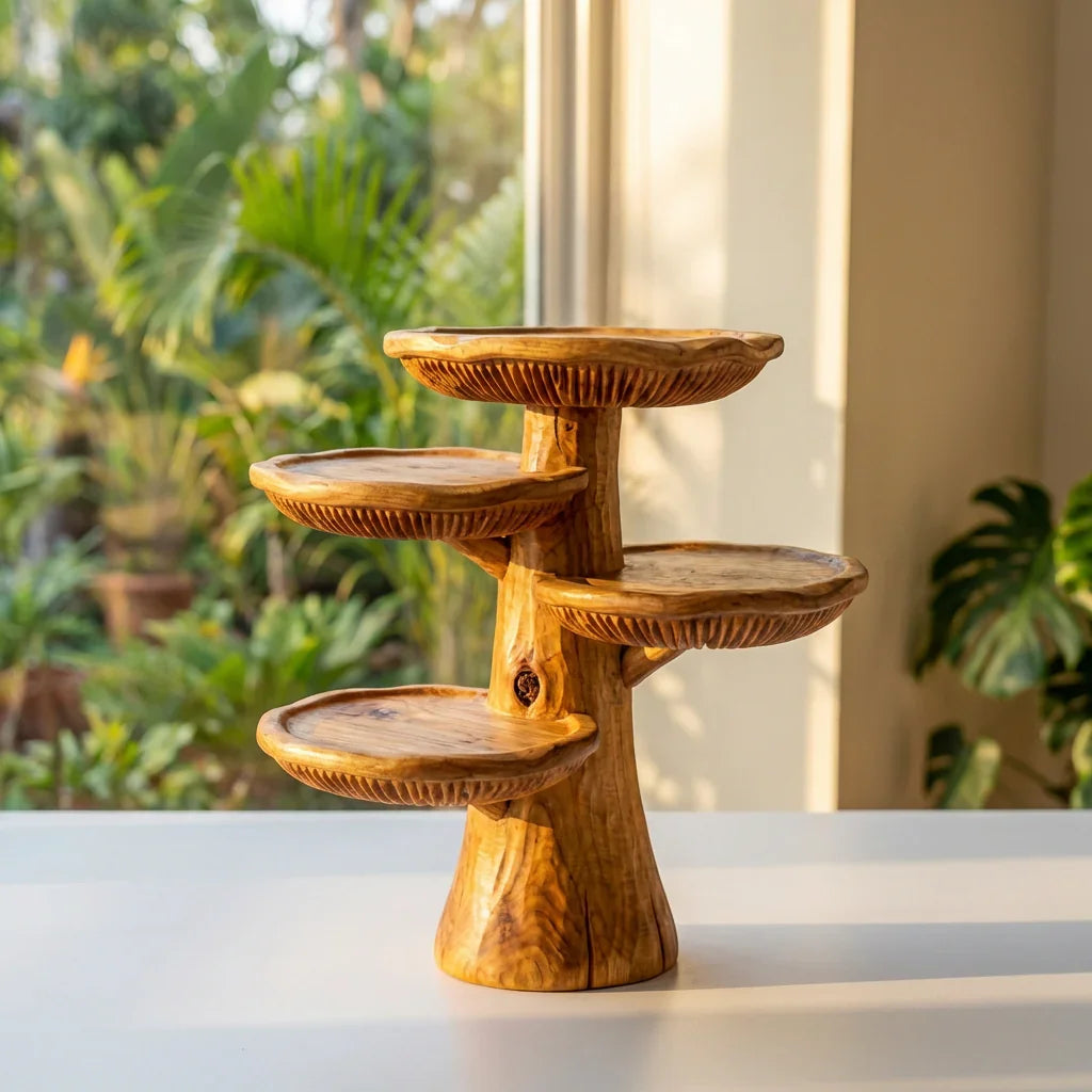 Handcrafted Mushroom Tree Desk Organizer – Solid Wood Tabletop Shelf with Carved Mushroom Tiers - Ashdeco 2026