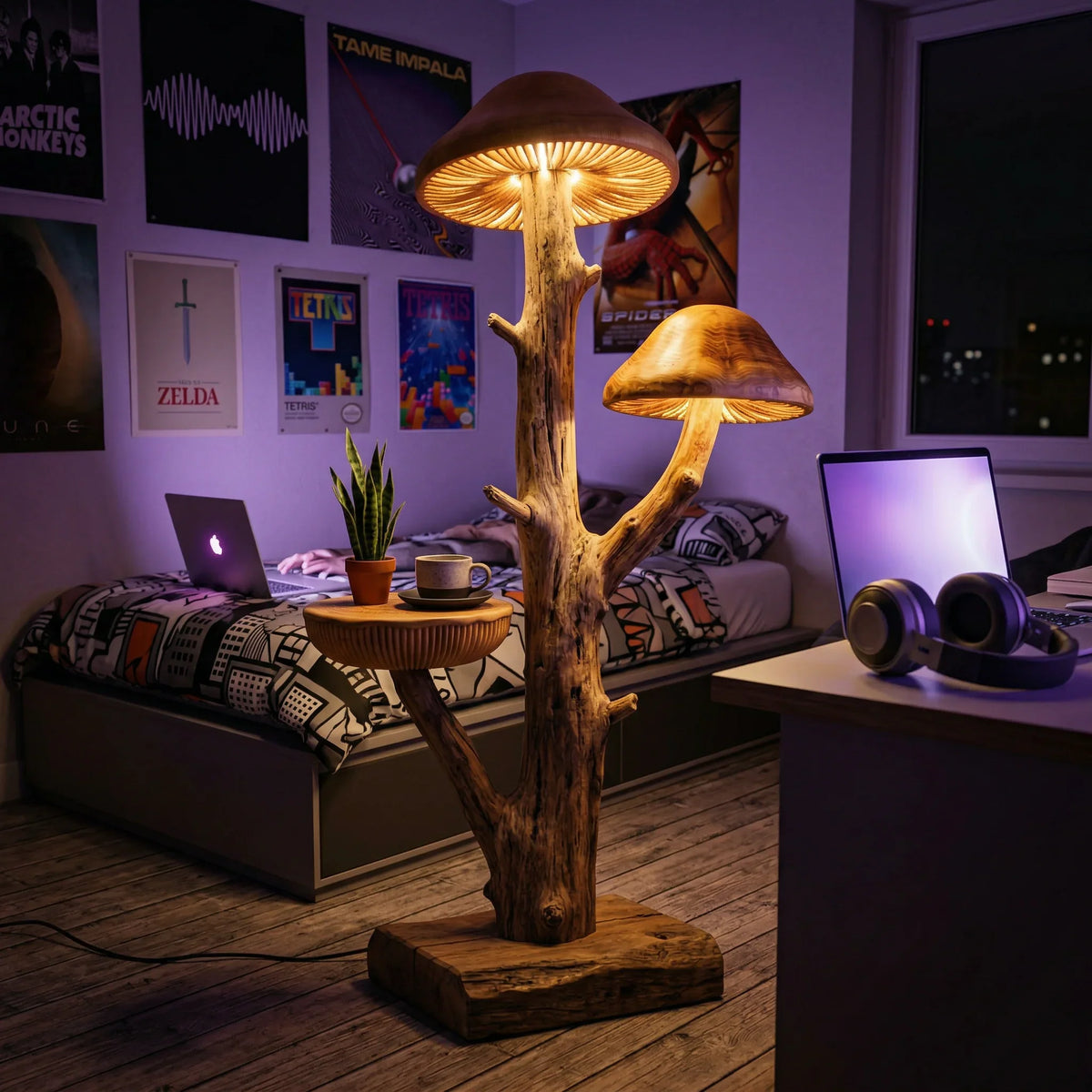 Mushroom-shaped tree floor lamp with built-in side table, glowing caps, driftwood base in cozy bedroom
