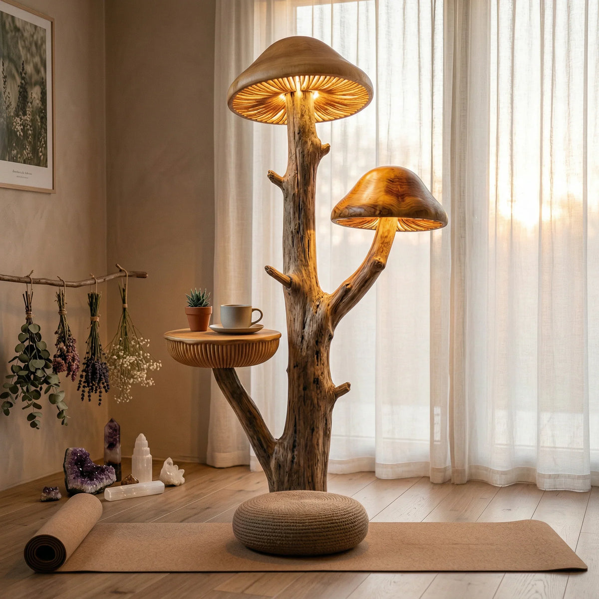 Mushroom-shaped wooden floor lamp with built-in side table, driftwood trunk, and glowing caps