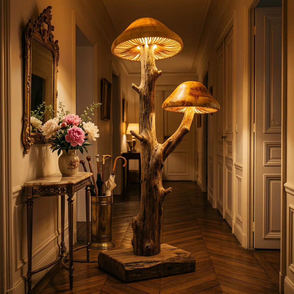 Mushroom-inspired tree floor lamp with hand-carved wood and glowing caps, beside a floral table in a hallway.