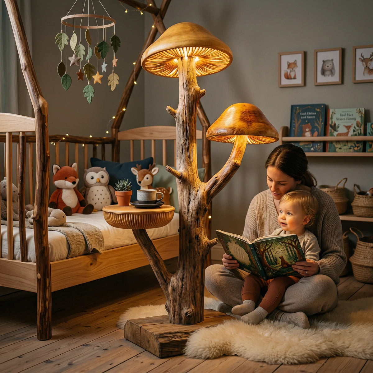 Mushroom tree floor lamp with side table shelf in a cozy nursery, hand-carved driftwood trunk, glowing caps, woman and child reading together.