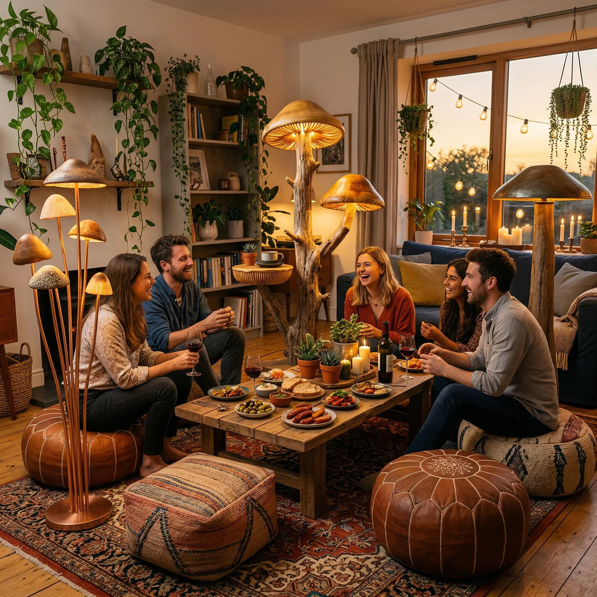 Mushroom-inspired tree floor lamp with side table and carved glowing caps in a cozy living room.