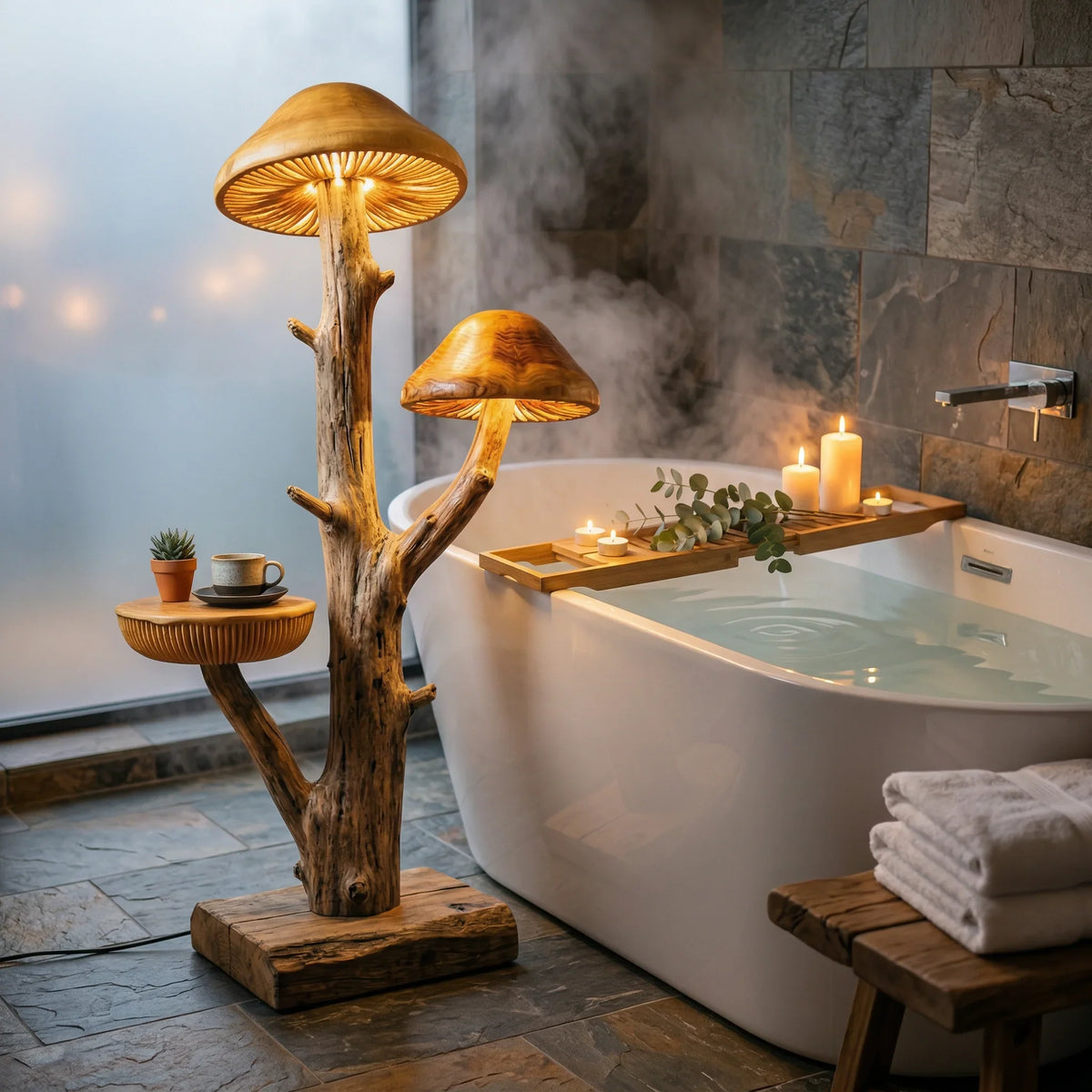 Mushroom tree floor lamp with wood side table by a modern bathtub, warm candlelight ambiance