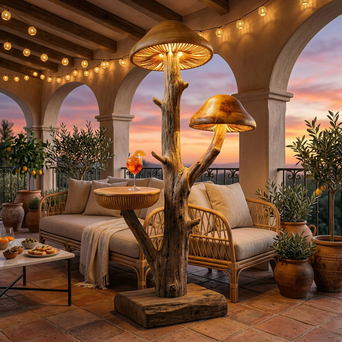 Mushroom tree floor lamp with carved wood trunk, built-in shelf, and glowing caps on a patio.