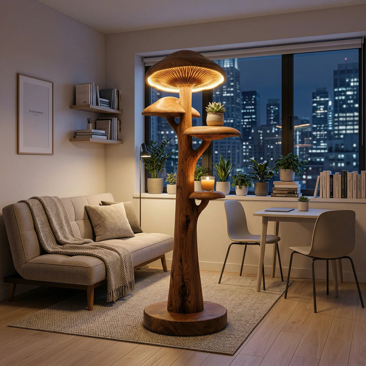 Mushroom Tree Floor Lamp + Shelves | Gill Glow Cap | Solid Wood