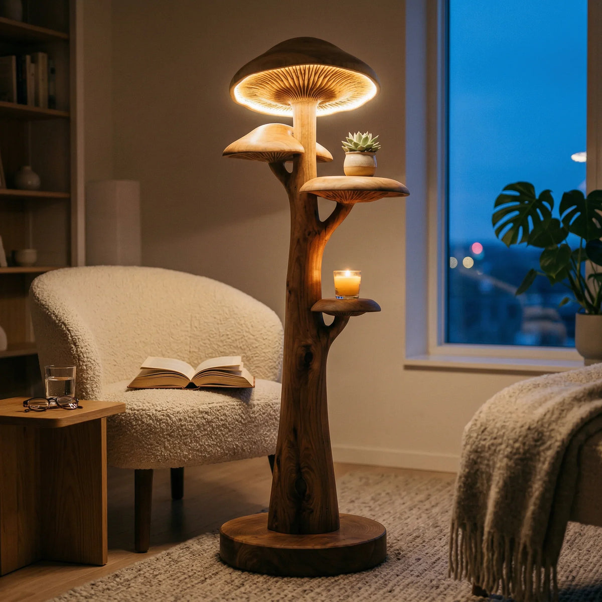 Mushroom-shaped tree floor lamp with glowing cap and built-in solid wood shelves in cozy living room