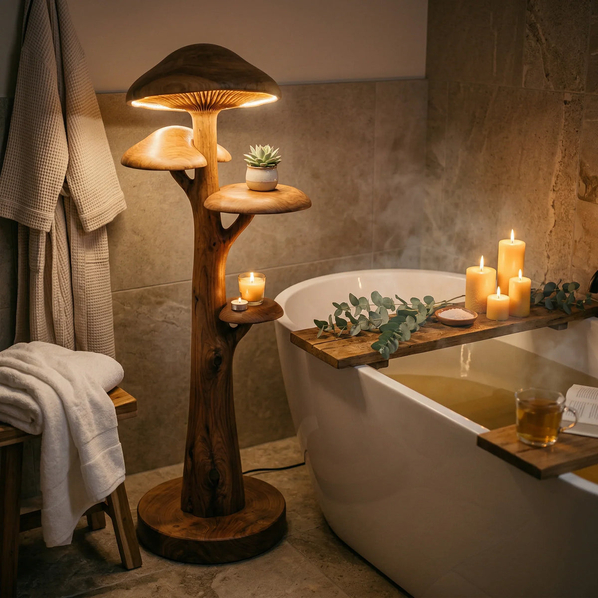Mushroom-shaped wood floor lamp with glowing cap and built-in shelves beside a bathtub
