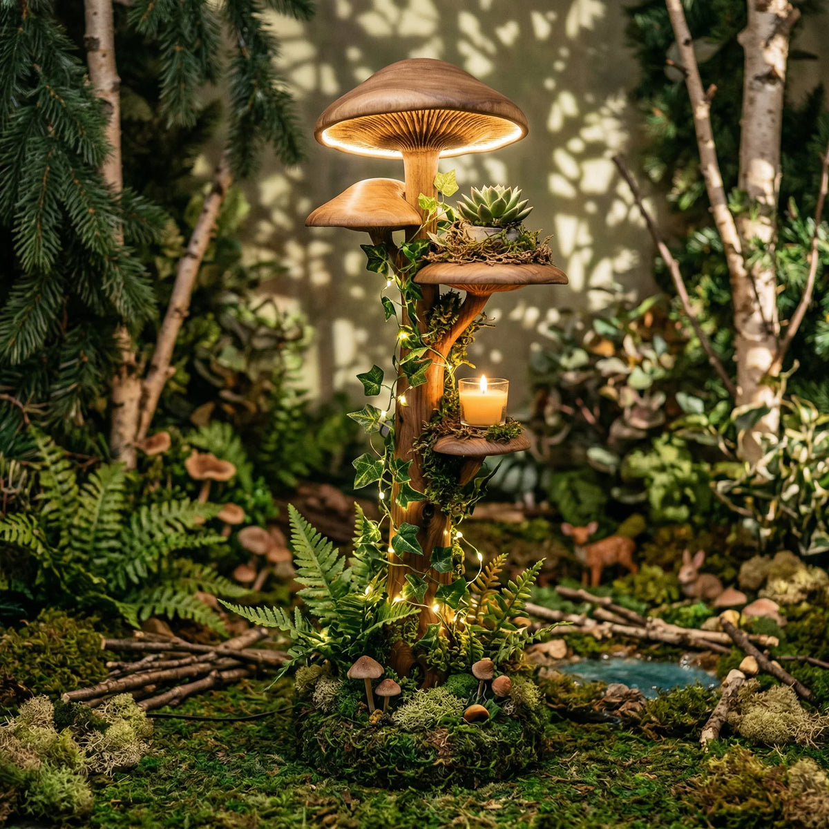 Mushroom tree floor lamp with glowing cap, wooden trunk, and built-in shelves in a forest setting.