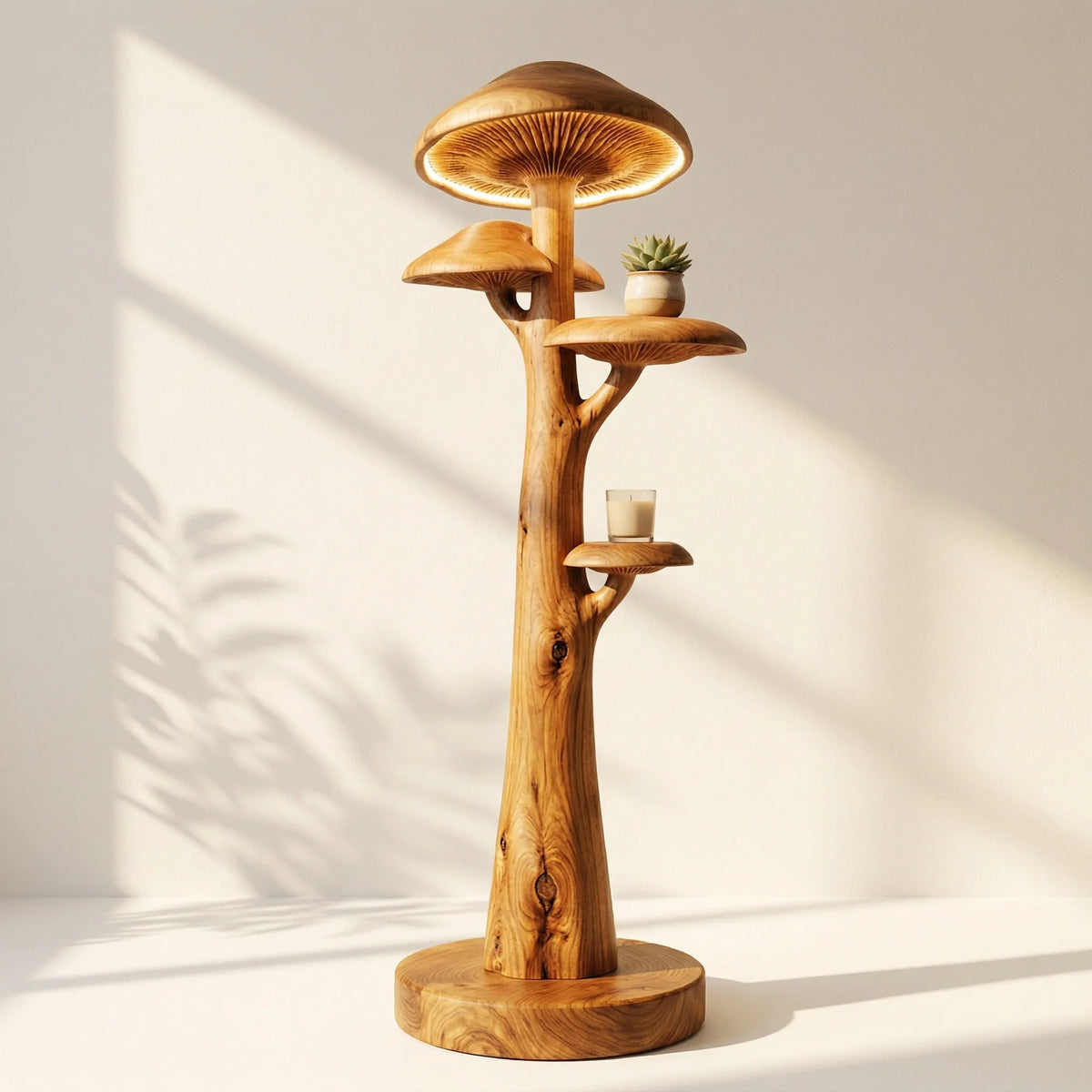 Mushroom-inspired solid wood floor lamp with two built-in shelf caps and a lit gill-style top.