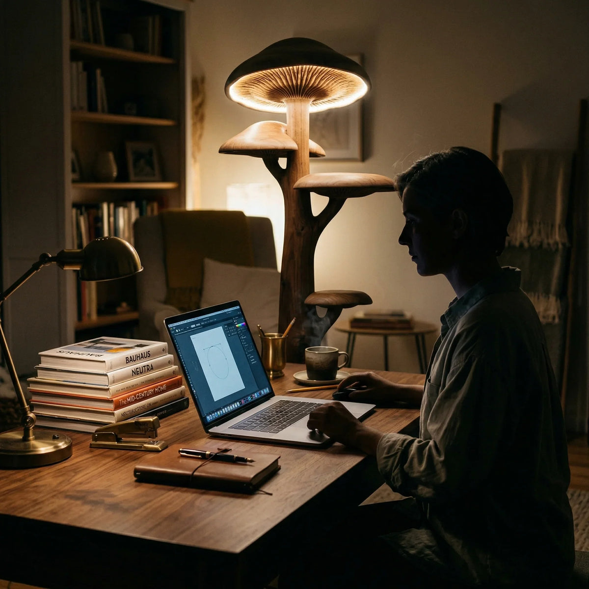 Mushroom-shaped tree floor lamp with glowing cap and built-in wooden shelves in cozy home office.