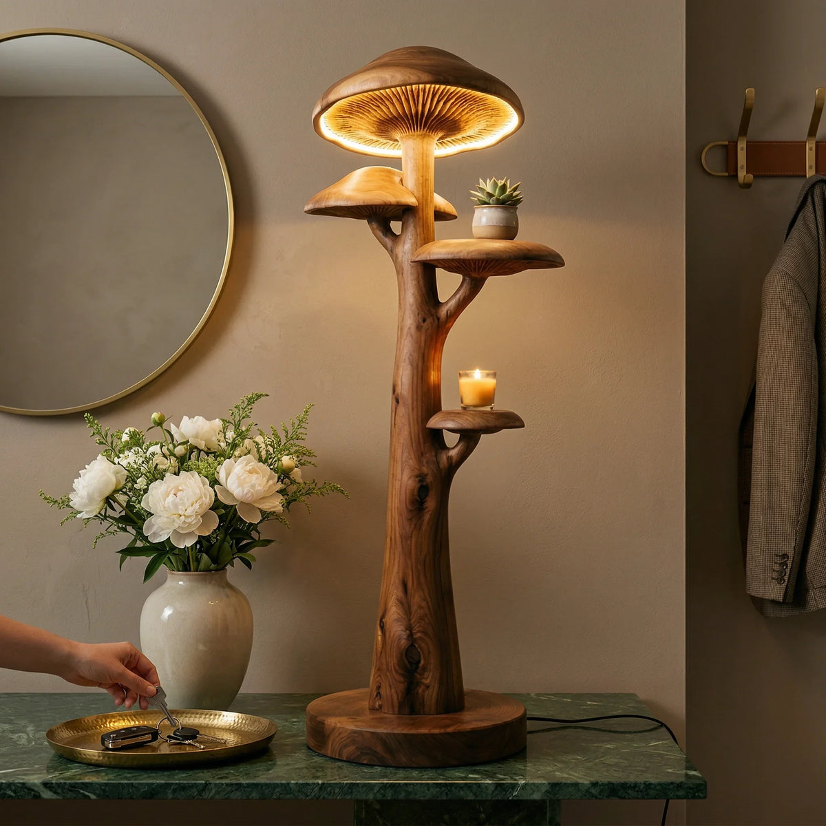 Mushroom-inspired floor lamp with sculpted wood trunk and built-in shelves in a modern entryway