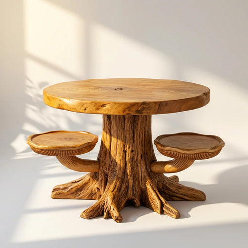 Mushroom Tree Stump Coffee Table with 2 Cap Shelves, Root Base and Gill Carving, Handcrafted Two-Tone Solid Wood Round Table for Living Room