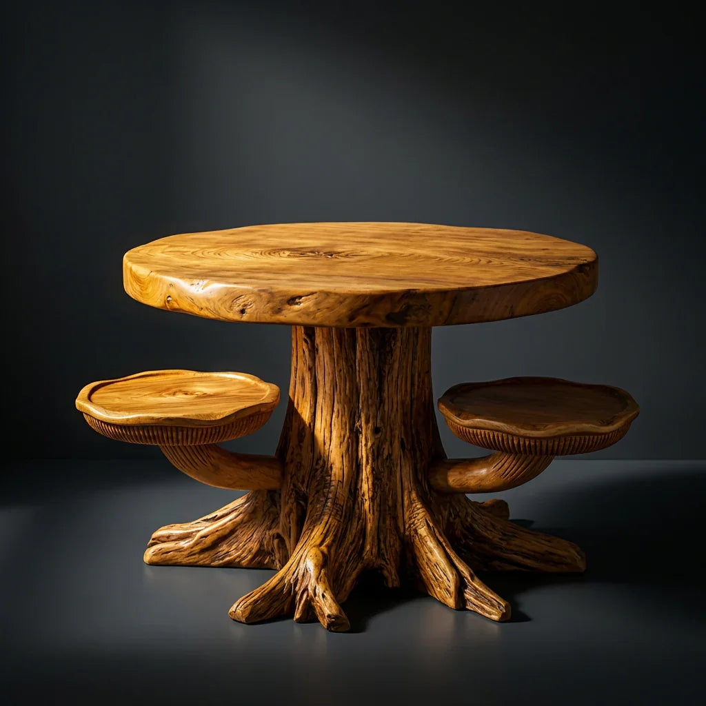 Mushroom Tree Stump Coffee Table with 2 Cap Shelves, Root Base and Gill Carving, Handcrafted Two-Tone Solid Wood Round Table for Living Room - Ashdeco 2026