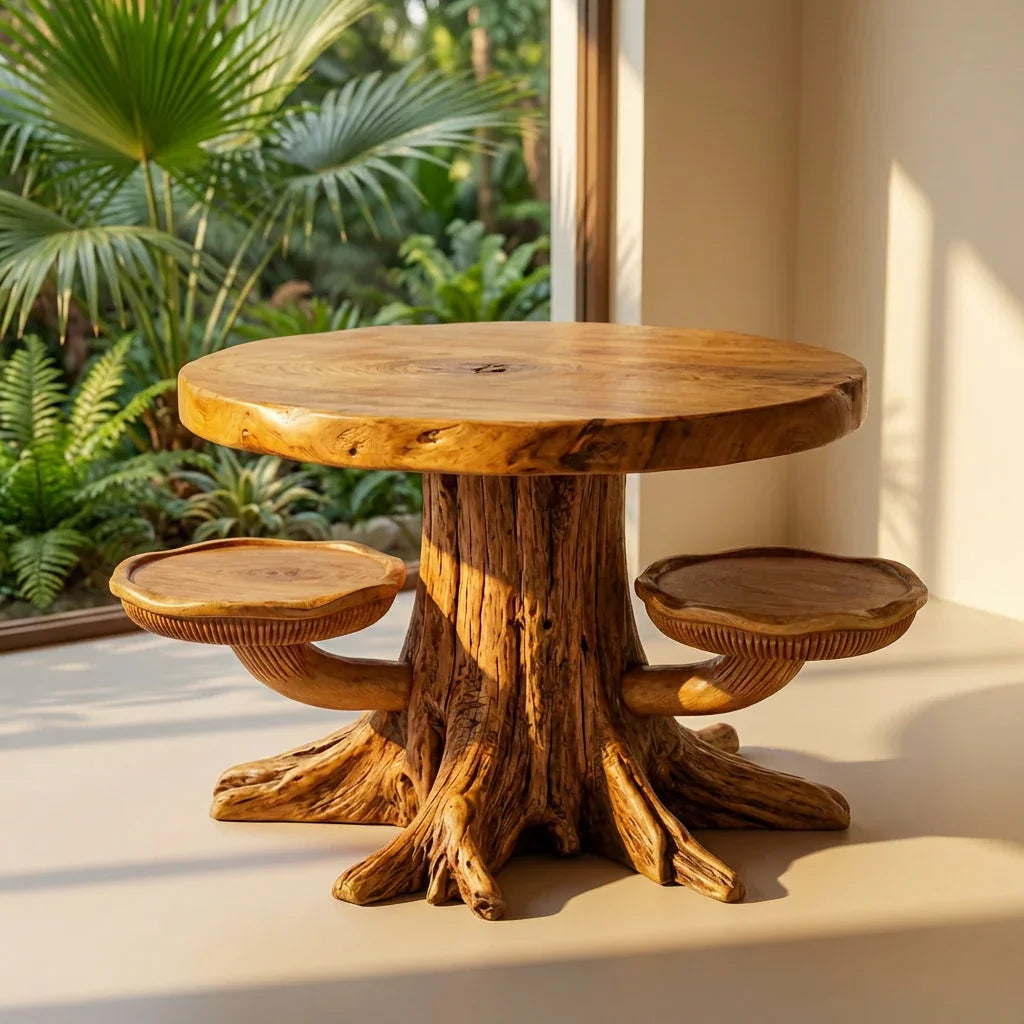 Mushroom Tree Stump Coffee Table with 2 Cap Shelves, Root Base and Gill Carving, Handcrafted Two-Tone Solid Wood Round Table for Living Room - Ashdeco 2026