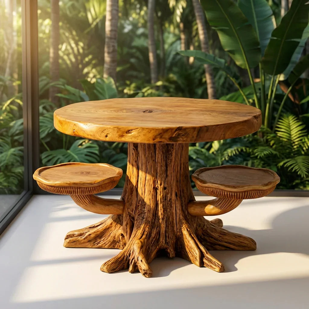 Mushroom Tree Stump Coffee Table with 2 Cap Shelves, Root Base and Gill Carving, Handcrafted Two-Tone Solid Wood Round Table for Living Room - Ashdeco 2026